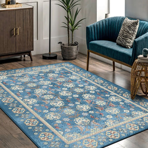 Blue Oushak Rug with traditional Turkish patterns in a serene living room