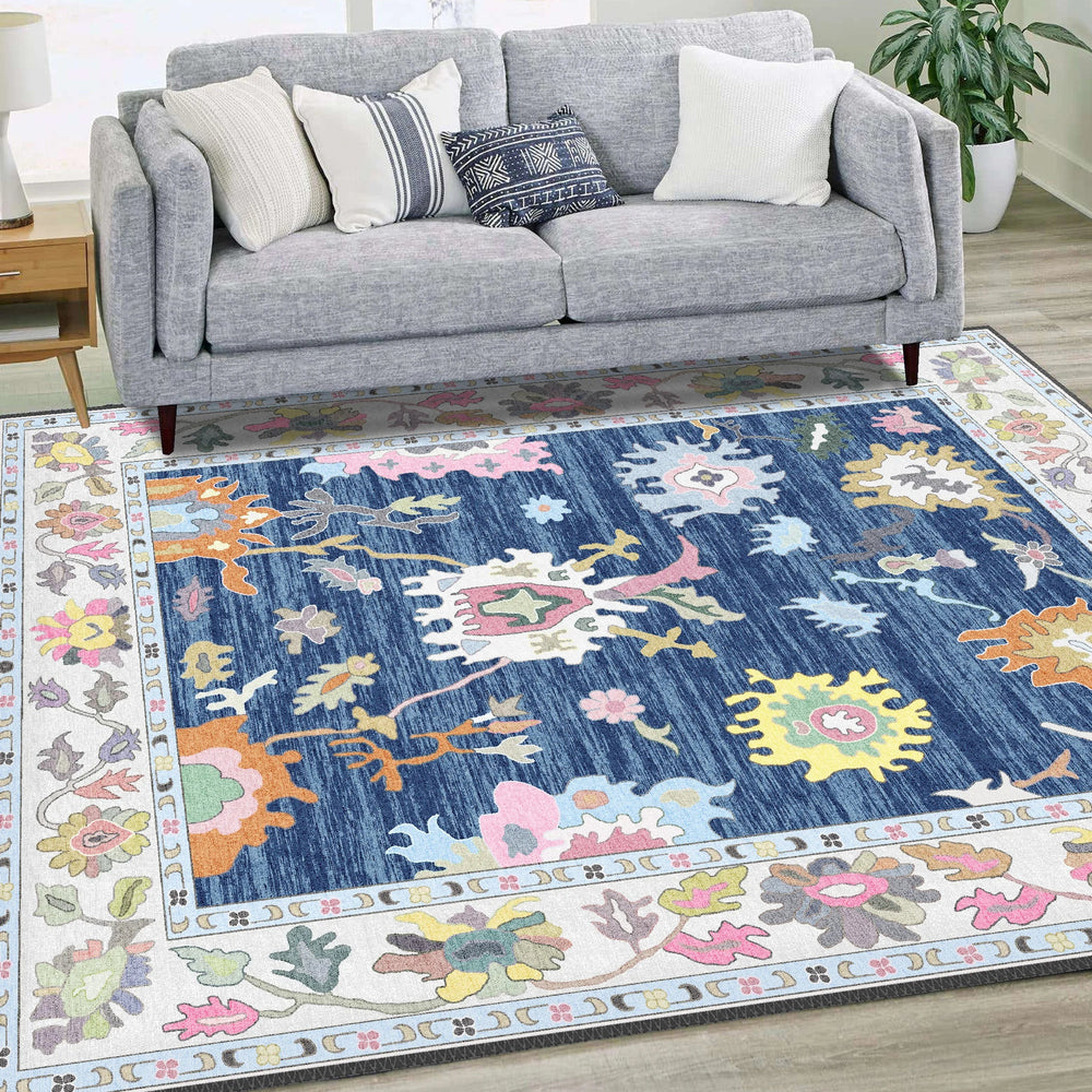 Colorful and Creative Floral Rug on Navy Background – A Unique Art Piece