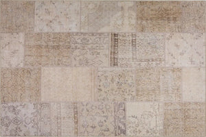 Custom-sized Beige Patchwork Rug tailored to enhance the decor of a contemporary home office