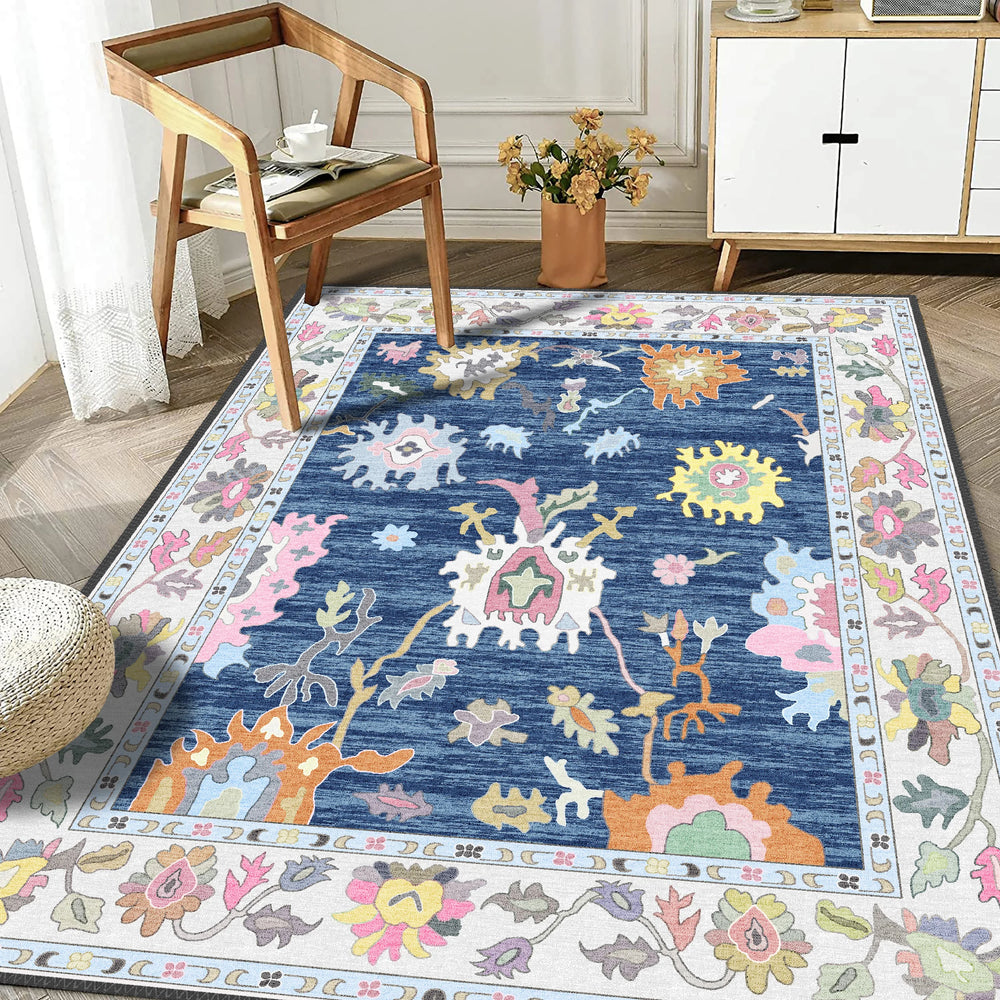 Colorful and Creative Floral Rug on Navy Background – A Unique Art Piece