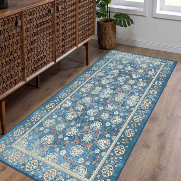 Machine-washable Blue Oushak Rug, ideal for family-friendly and high-traffic areas