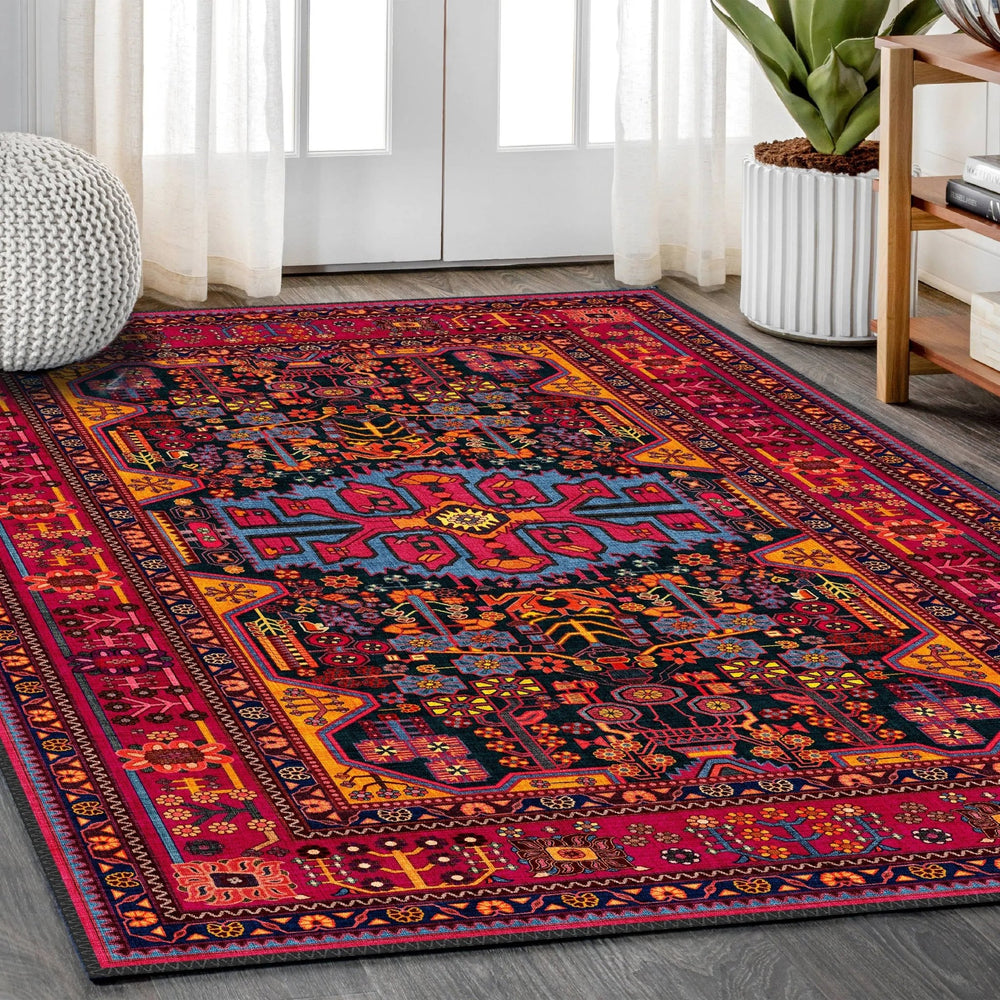 Vibrant Persian Style Bold Rug in red with navy blue, gold, and cream patterns