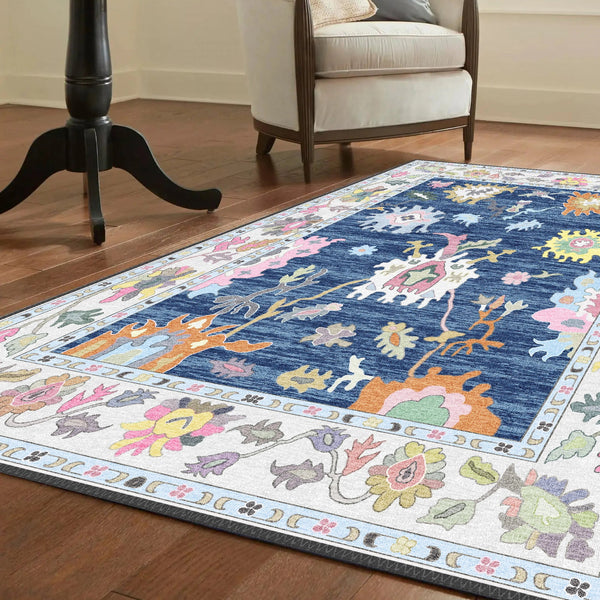 Vivid Floral Patterns on Navy Rug – A Modern Decor Masterpiece