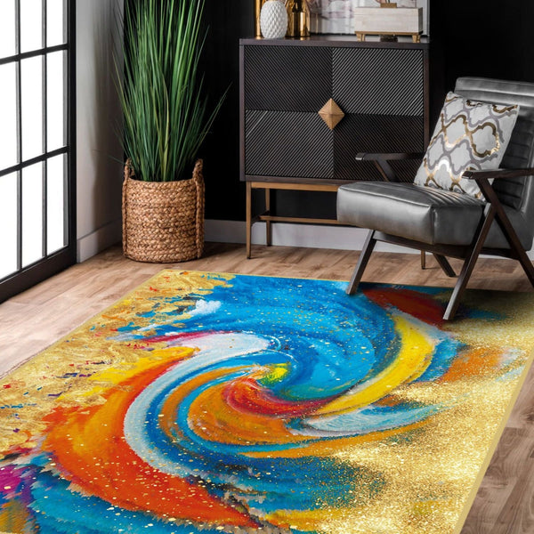 "Abstract swirls rug enhancing a minimalist bedroom with artful energy"
