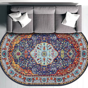Antique-Style Floral Medallion Rug with Deep Reds and Vibrant Blues, Ideal for Living Room or Dining Room