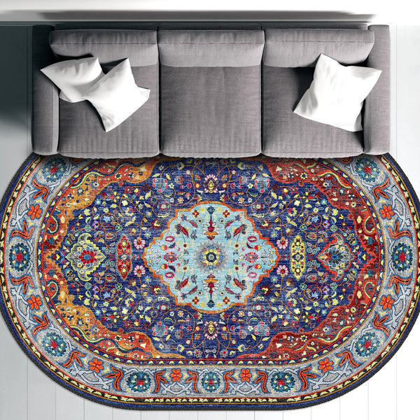 Antique-Style Floral Medallion Rug with Deep Reds and Vibrant Blues, Ideal for Living Room or Dining Room