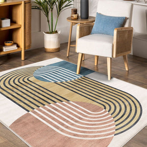 Art floor rug bringing bold design and vibrant color to a modern living room