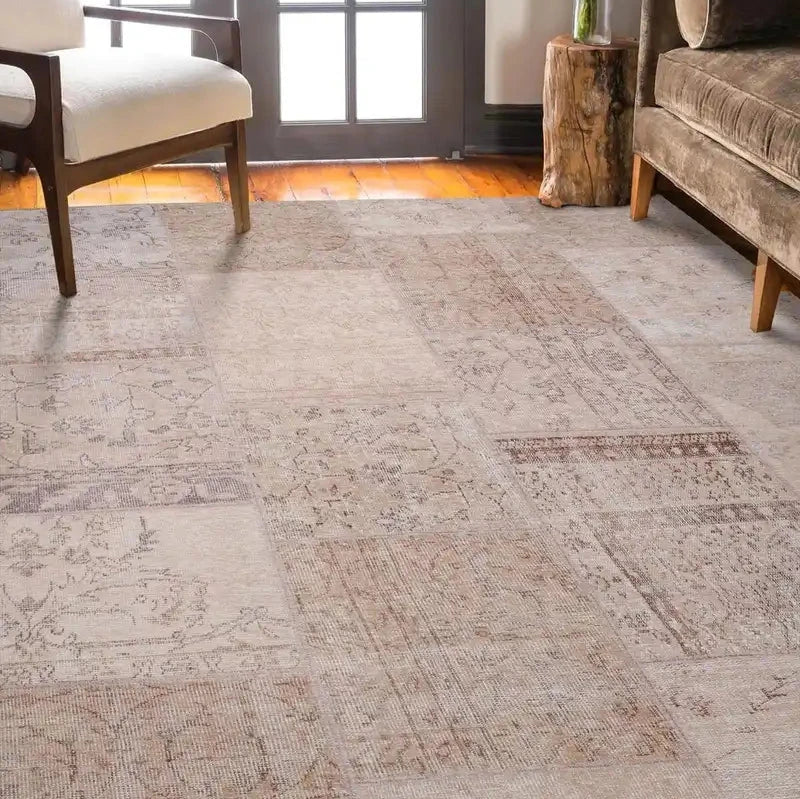 Beige Patchwork Rug in a serene living room setting