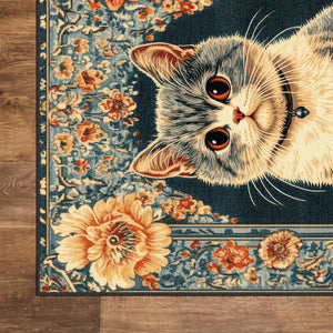 Blue Vintage Cat Rug with Floral Accents – Indoor Home Decor