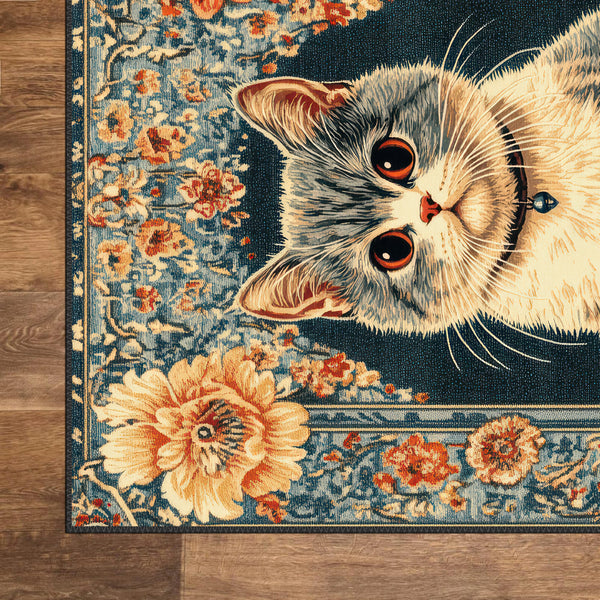 Blue Vintage Cat Rug with Floral Accents – Indoor Home Decor