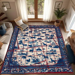 Living room with a blue and red patterned rug featuring animal silhouettes, white sofa, and wooden chair.