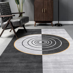 Bold concentric circles design rug adding dynamic energy to a modern living room