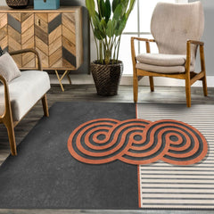 Bold modern rug enhancing a chic living room with striking patterns and colors