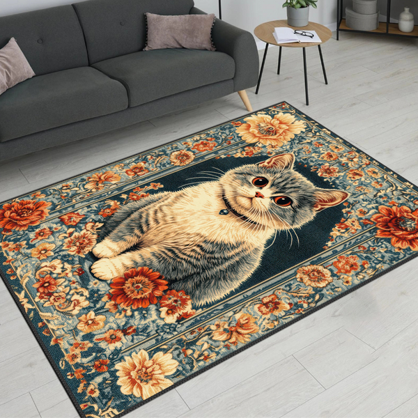 Charming Floral Rug with Cat Detail – A Must-Have for Pet Owners