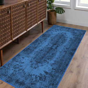 Close-up of Dark Blue Area Rug’s plush texture and deep blue tone