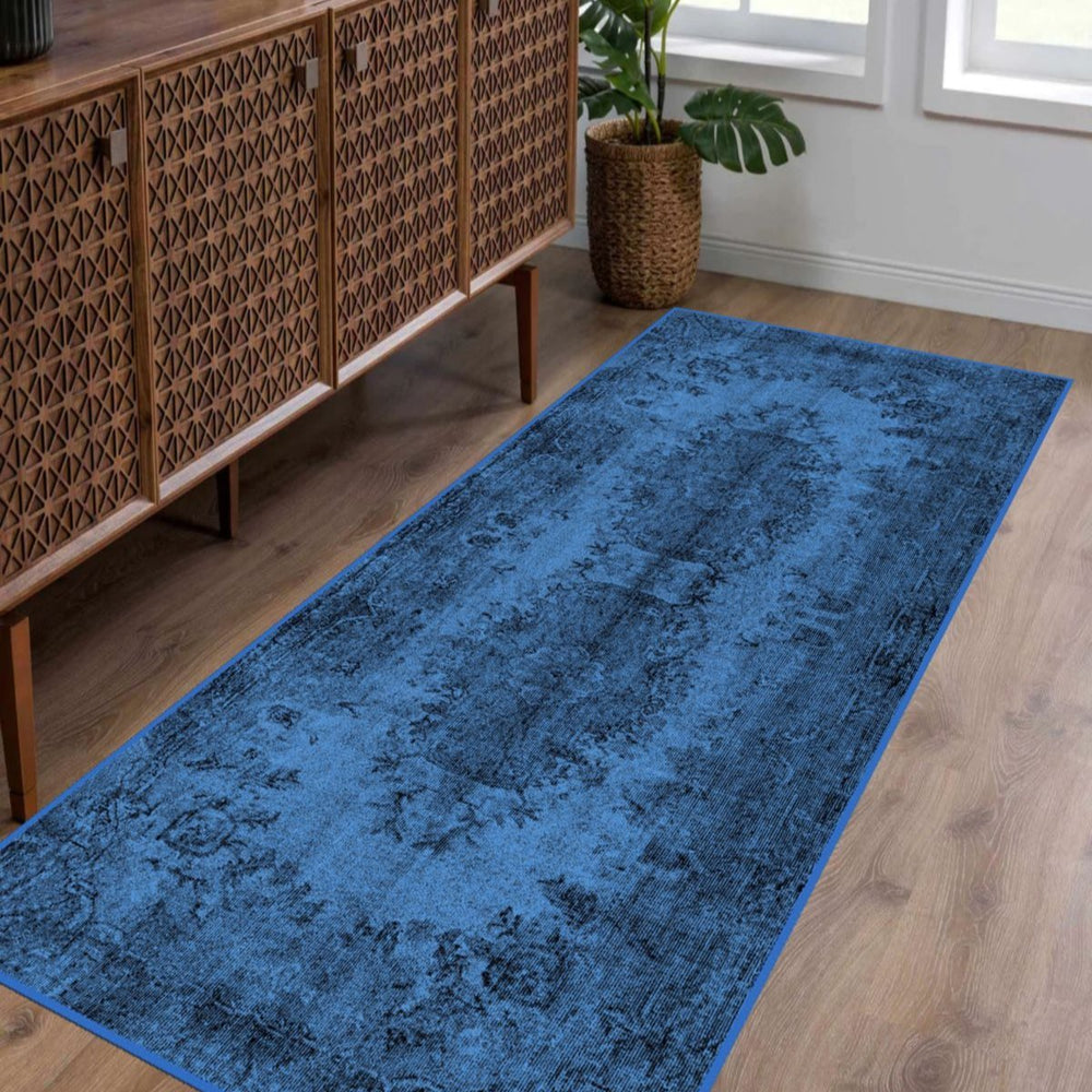 Close-up of Dark Blue Area Rug’s plush texture and deep blue tone