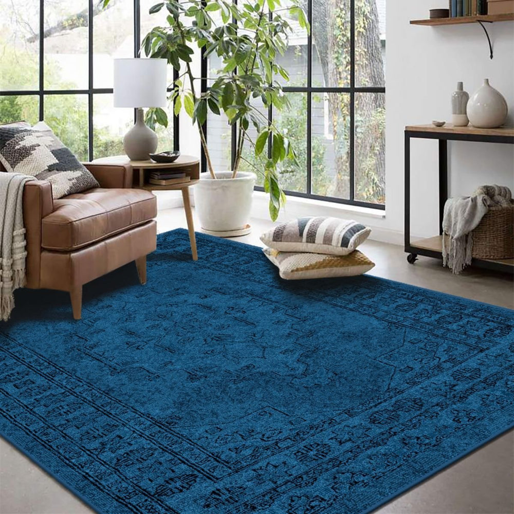 Close-up of Deep Blue Rug’s plush texture and vibrant blue hue.