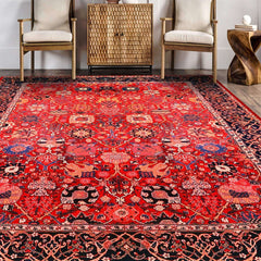 Close-up of Oriental Red Rug showcasing its vibrant red color and detailed designs