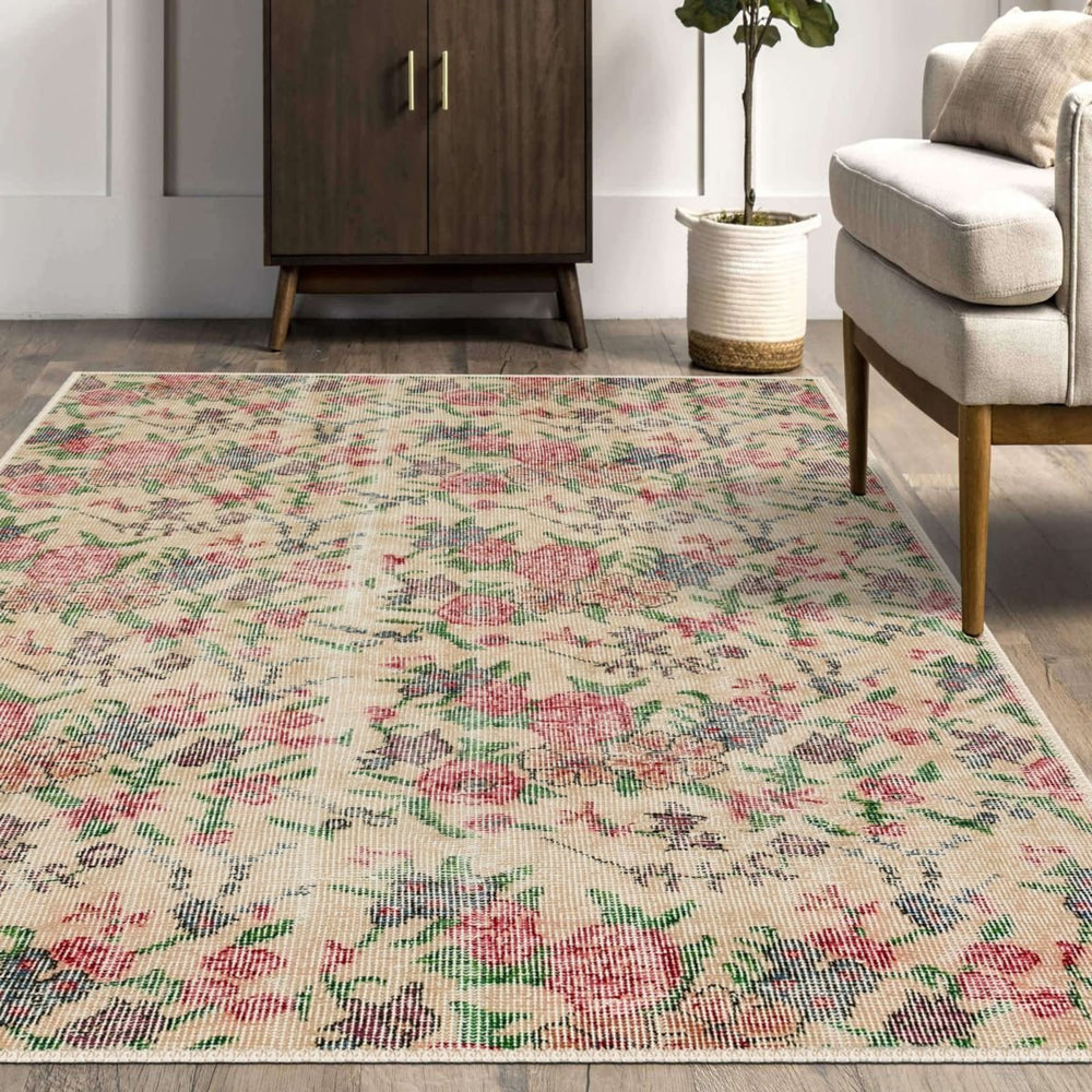 Oushak Vintage Style Rug with antique patterns in a cozy living room