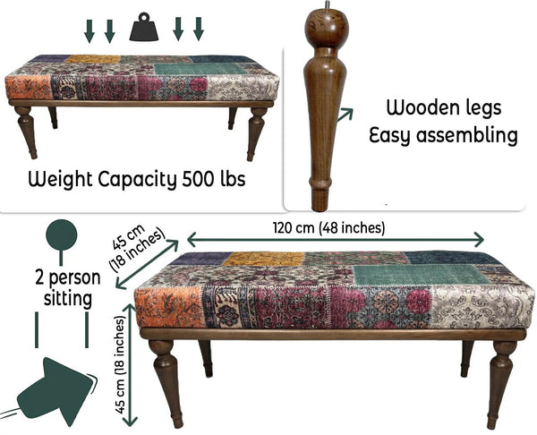 Close-up of patchwork fabric patterns on the upholstered bench
