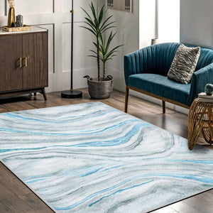 Close-up of the Blue Marble Rug's intricate pattern and low-profile pile height