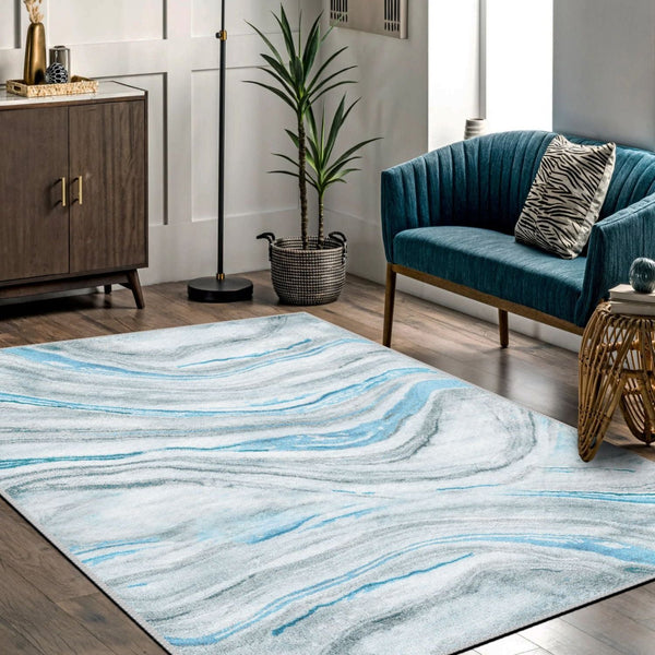 Close-up of the Blue Marble Rug's intricate pattern and low-profile pile height