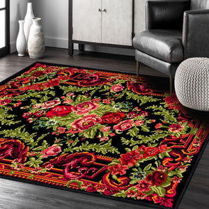 Close-up of the Karabagh Floral Rug’s bold colors and detailed floral motifs.