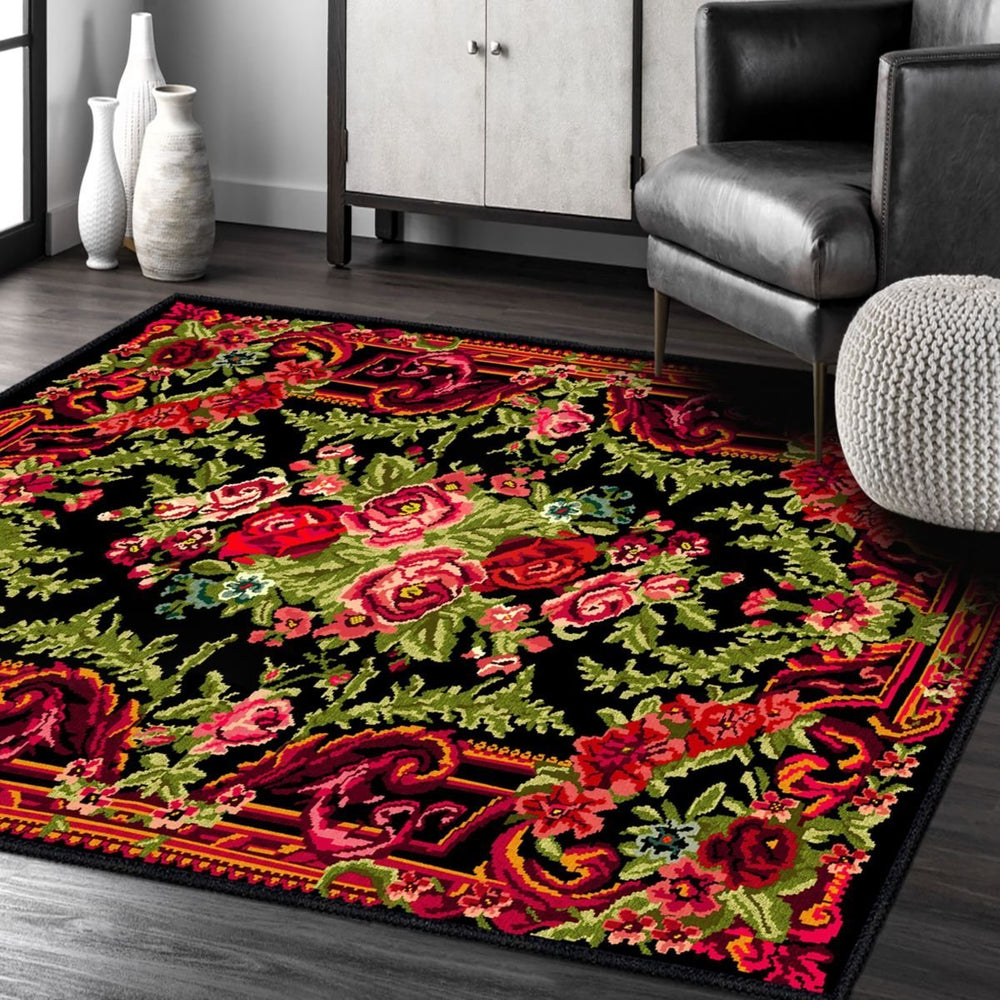 Close-up of the Karabagh Floral Rug’s bold colors and detailed floral motifs.
