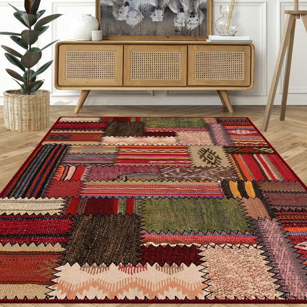 Colorful Turkish Patchwork Rug in a cozy living room setting.