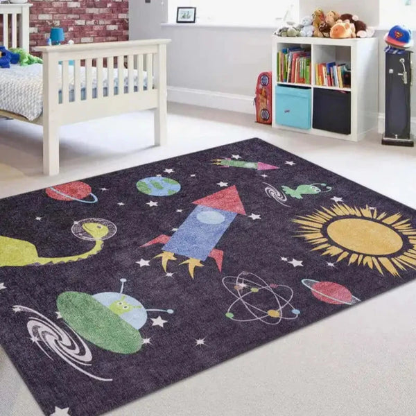 Colorful kids area rug in a child's playroom with playful animal designs.