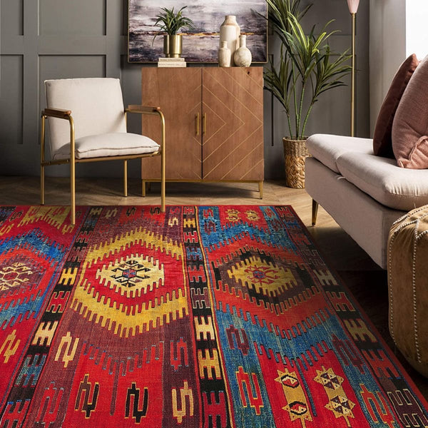 Colorful, machine-washable Turkish Kilim Rug in a family-friendly setting