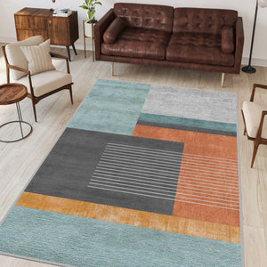 Contemporary living room with a bold modern geometric rug as a focal point