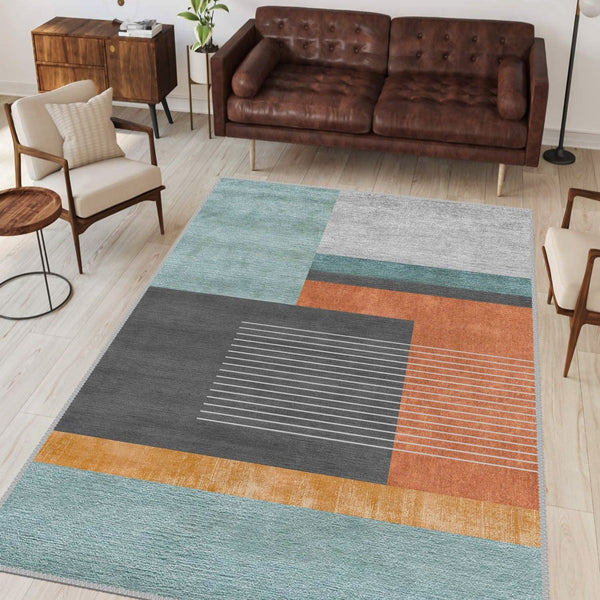 Contemporary living room with a bold modern geometric rug as a focal point