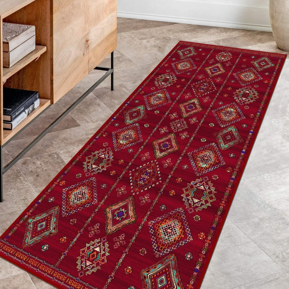 Custom-sized Rich Red Rug fitting perfectly in a sophisticated room decor