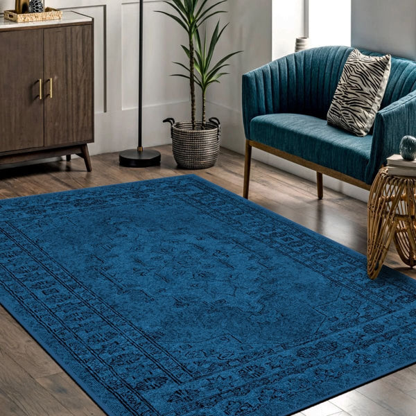 Deep Blue Rug with a rich, elegant color in a stylish living room.