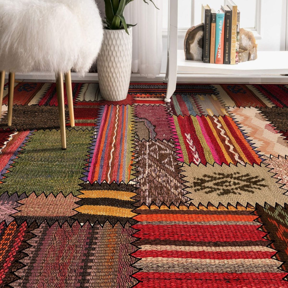 Turkish Patchwork Rug adding a burst of color and history to a modern home office.