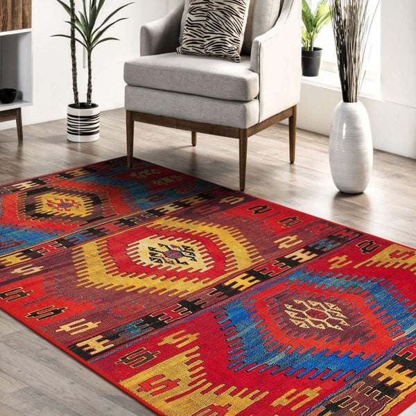 "Detail shot of the handwoven craftsmanship in a Turkish Kilim Rug.