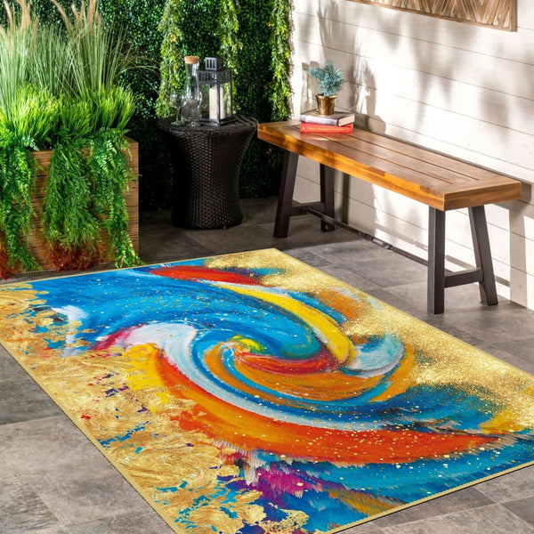 Detailed view of an abstract swirls rug showcasing bold, flowing patterns