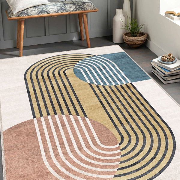 Detailed view of an art floor rug with intricate patterns and textures