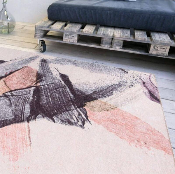 Dynamic Abstract Rug with bold colors and abstract shapes in a modern living room