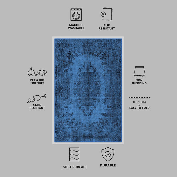Elegant Distressed Blue Rug with Faded Antique Design
