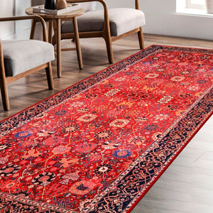 Elegant Oriental Red Rug placed under a dining table, enhancing the room's decor.