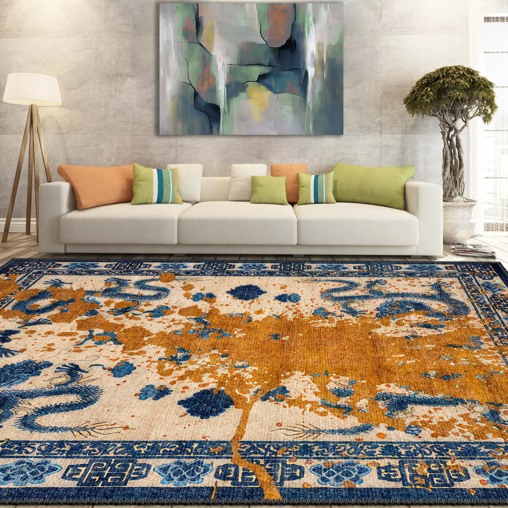 Fantasy Chinese Dragon Rug with Ink Wash Effect – Blue and Gold Statement Carpet

