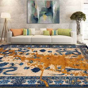 Fantasy Chinese Dragon Rug with Ink Wash Effect – Blue and Gold Statement Carpet

