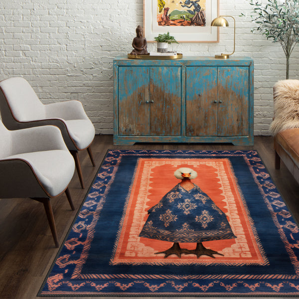 Handmade Area Rug with Duck Art and Vibrant Blue and Orange Colors
