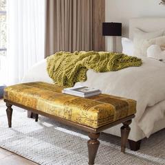Handmade Yellow Upholstered Ottoman Bench with Turkish Carpet – Vintage-Inspired Furniture
