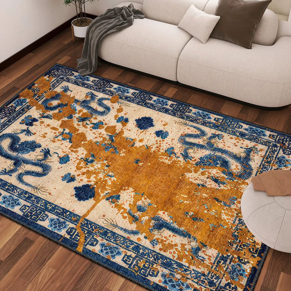 Fantasy Chinese Dragon Rug with Ink Wash Effect – Blue and Gold Statement Carpet

