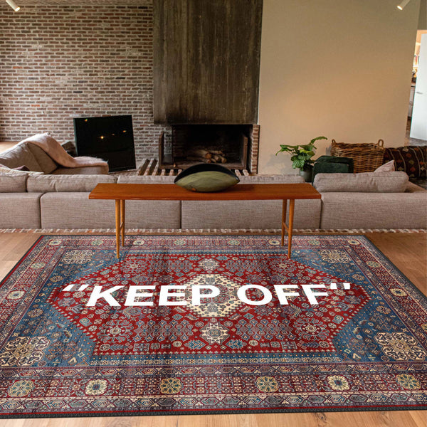 Handwoven Persian Style Rug with Modern 'KEEP OFF' Text Overlay
