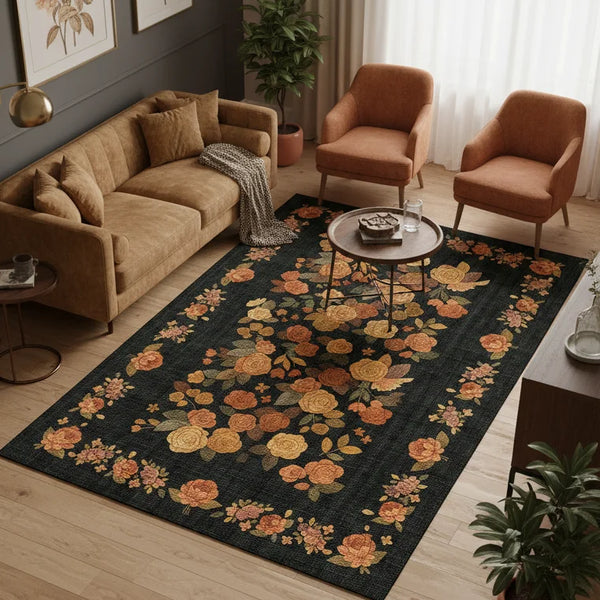 Black Floral Area Rug - KL 359