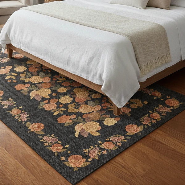 Black Floral Area Rug - KL 359
